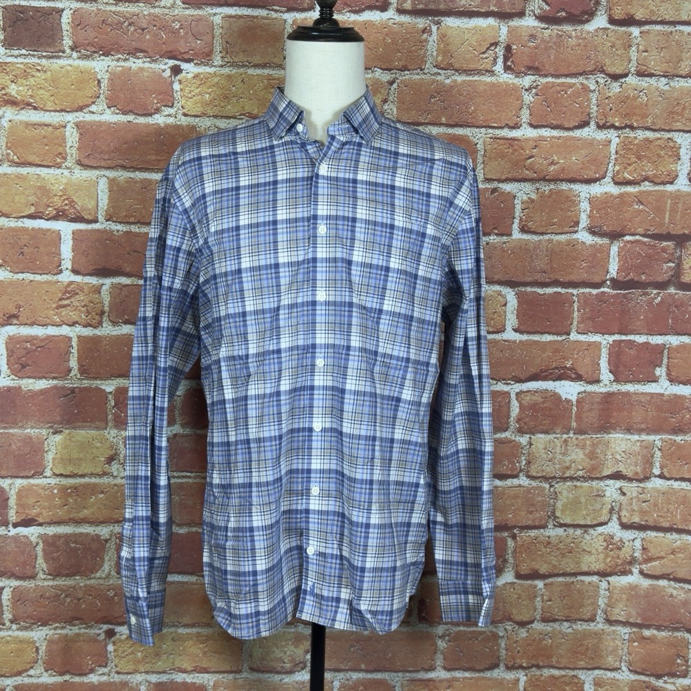 Johnnie-O Hangin Out Long Sleeve Button‎ Down Shirt Blue Biege Plaid Men's Sz XL